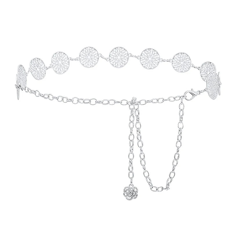 Elegant Round Metal Belt For Women Retro Gold Silver Carved Hollow Out Waistband Fashion Dress Decoration