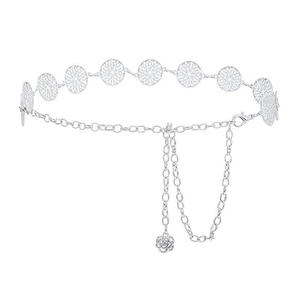 Elegant Round Metal Belt For Women Retro Gold Silver Carved Hollow Out Waistband Fashion Dress Decoration