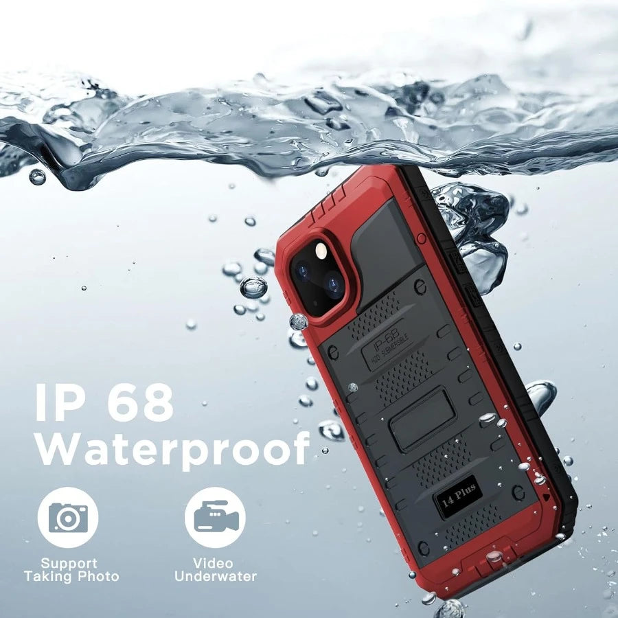 For iPhone 15 14 13 12 11 Pro Max XS XR 8 7 Plus SE3 IP68 Waterproof Rugged Metal Armor Case Shockproof Cover Screen Protector