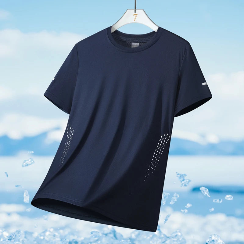 Men’s Ice Silk Running T-Shirt – Quick-Dry, Breathable Mesh, Moisture-Wicking Sports Tee with Reflective Print – Plus Size M–5XL