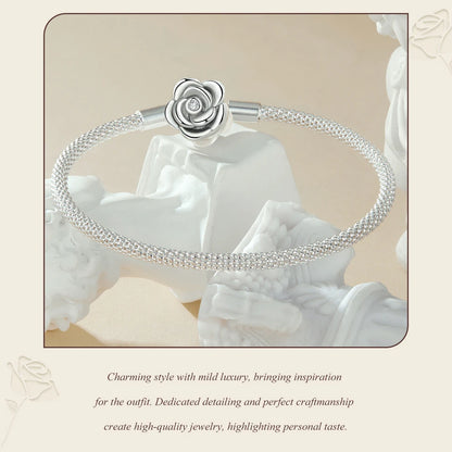 WOSTU 925 Sterling Silver Vintage Rose Flower Love Heart Bangle Bracelet Fit DIY Bracelets Women Valentine Mother's Day Gift