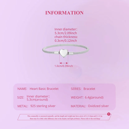 WOSTU 925 Sterling Silver Vintage Rose Flower Love Heart Bangle Bracelet Fit DIY Bracelets Women Valentine Mother's Day Gift