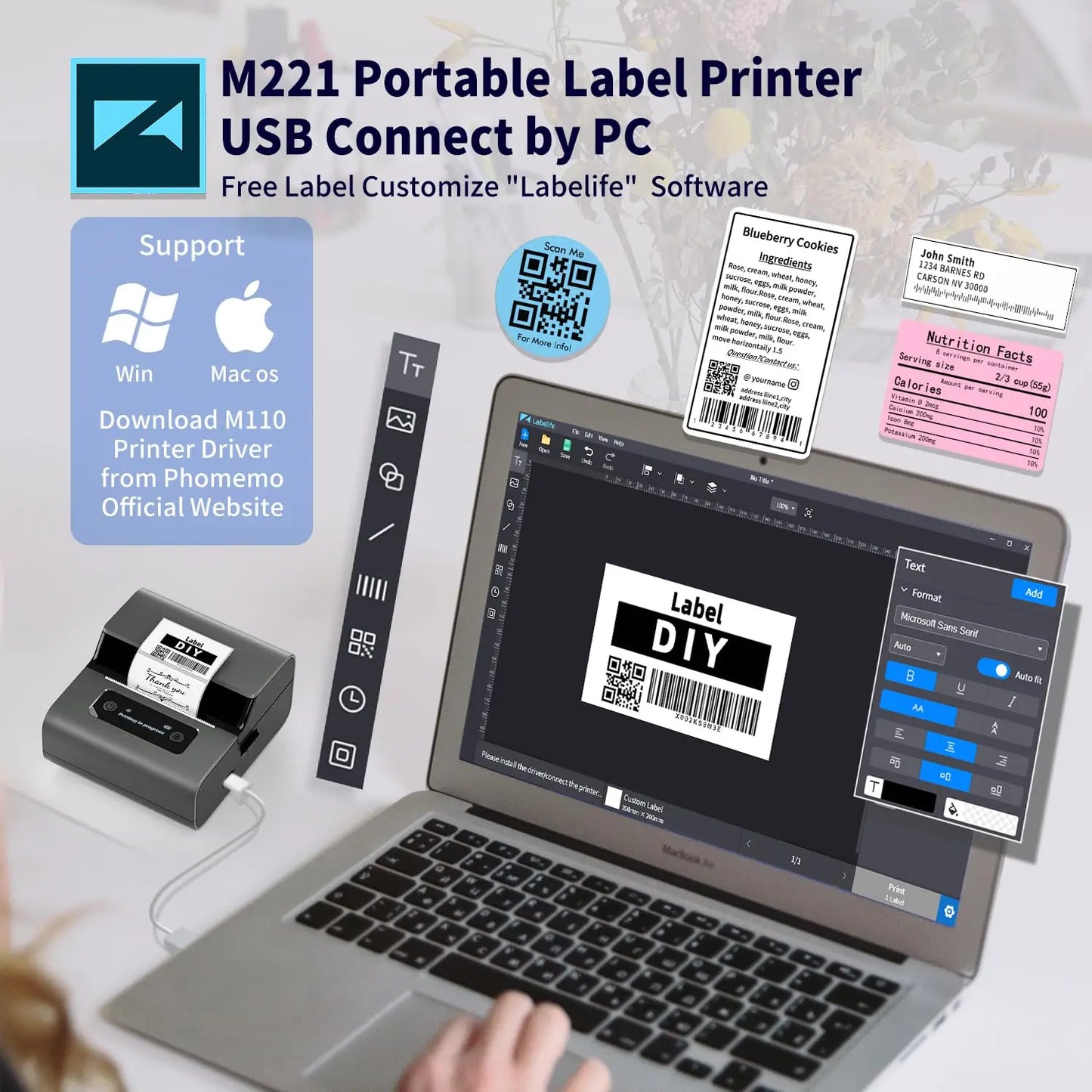 Phomemo Label and Upgrade Portable Label Maker M221 Barcode Label Printer Bluetooth Thermal Inkless Label Maker Support Phone&PC