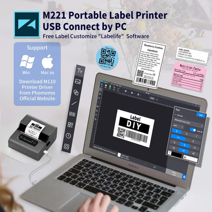 Phomemo Label and Upgrade Portable Label Maker M221 Barcode Label Printer Bluetooth Thermal Inkless Label Maker Support Phone&PC
