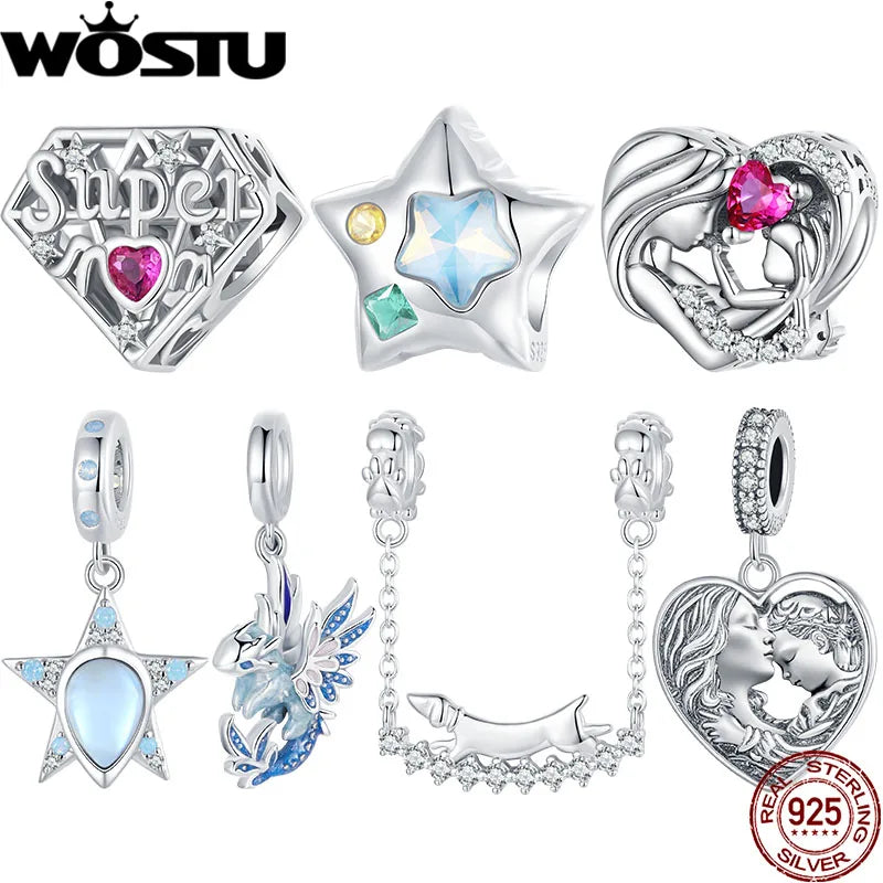 Sterling Silver Enamel Flying Dragon Star Pendant Heart Love Supermom Charm Fit DIY Bracelet Gift for Mother's Day