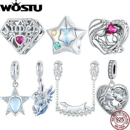 Sterling Silver Enamel Flying Dragon Star Pendant Heart Love Supermom Charm Fit DIY Bracelet Gift for Mother's Day