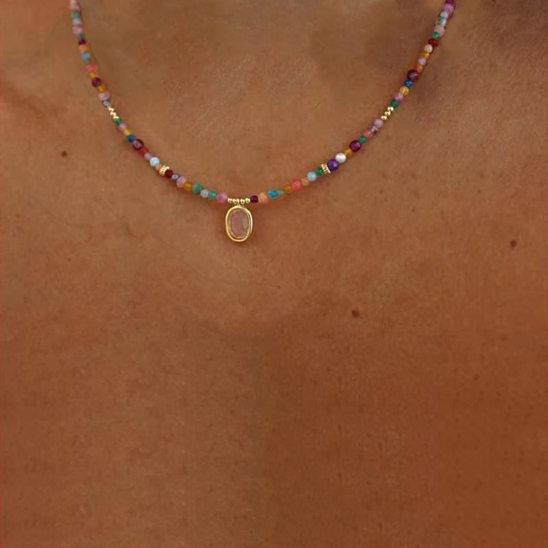 Bohemian Fashion Colorful Natural Stone Beaded Collar New Water Drop Pendant Jewelry Mother's Day Gift