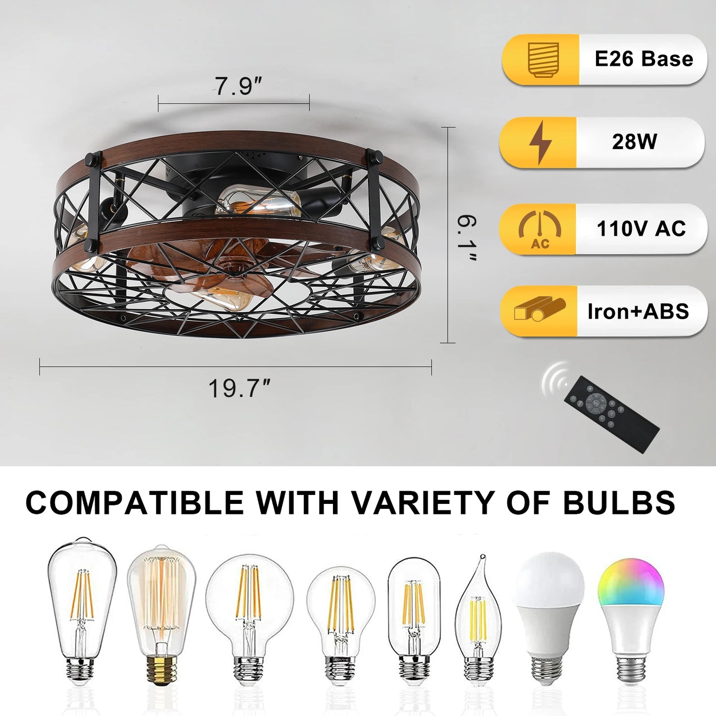 20" Caged Flush Mount Ceiling Fan with Light – Farmhouse Black, Remote Control, 31–40W, 110V/220V