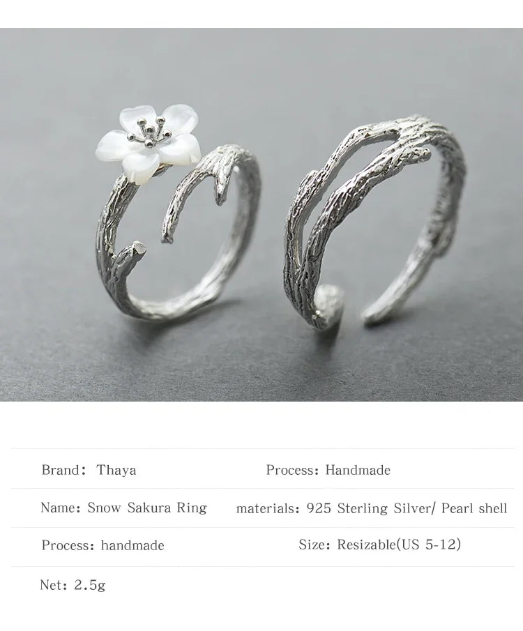 Thaya White Cherry Blossom Silver Rings s925 Silver Natural Pearl Shell Flower Rings for Women Elegant Ladies Jewelry For Couple