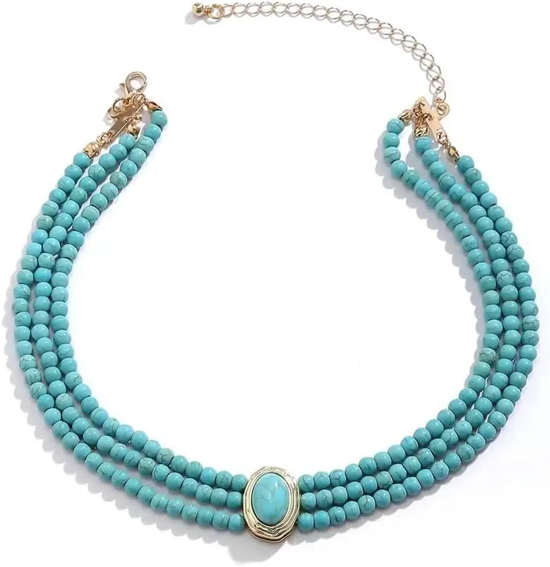 Turquoise Choker Necklace Women 3 Layers Multi Strands Necklace 20s Turquoise Bib Pendant Choker Party Jewelry Mother's Day Gift