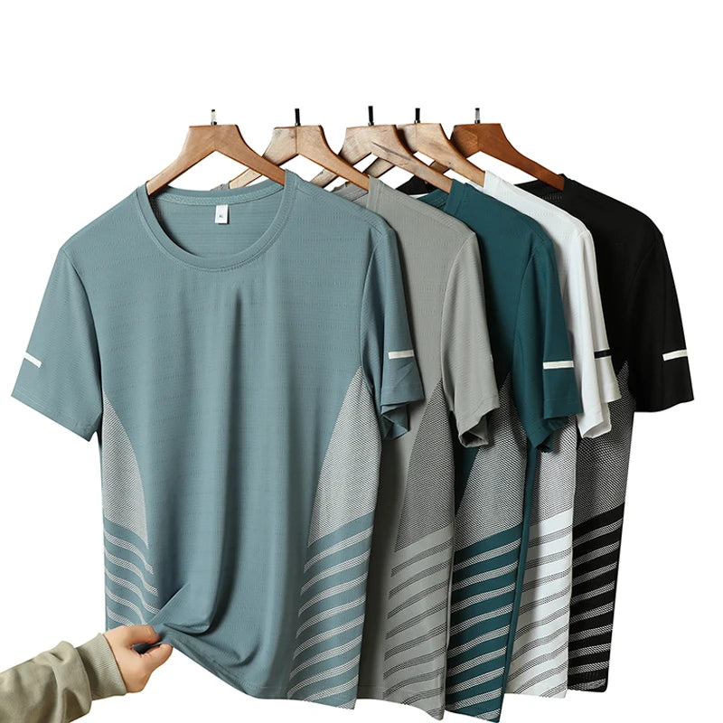 Men’s Ice Silk Running T-Shirt – Quick-Dry, Breathable Mesh, Moisture-Wicking Sports Tee with Reflective Print – Plus Size M–5XL