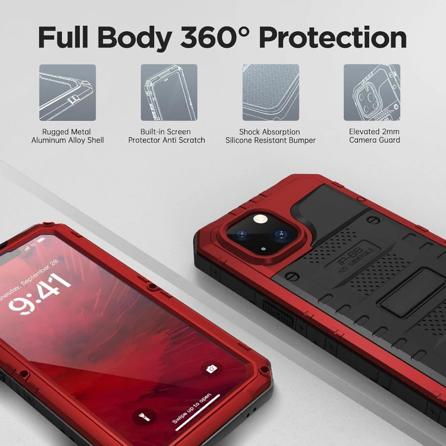For iPhone 15 14 13 12 11 Pro Max XS XR 8 7 Plus SE3 IP68 Waterproof Rugged Metal Armor Case Shockproof Cover Screen Protector