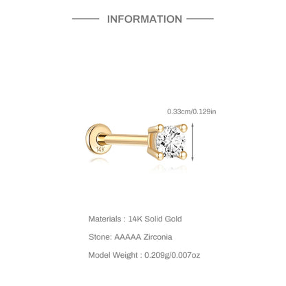 Aide Plata 100% Real 14K Solid Gold 5/6.5/8mm Length Stud Earring Simple Design Piercing Ear Bone Ear Studs DIY Vintage Jewelry