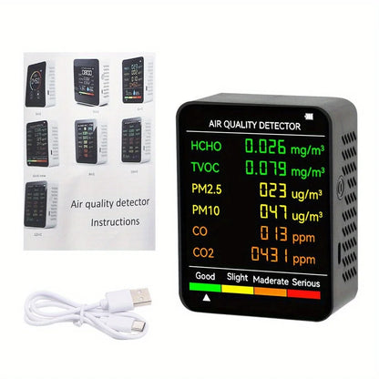 6-in-1 Indoor Air Quality Monitor – CO2, PM2.5, PM10, HCHO, TVOC Detector with LCD Display