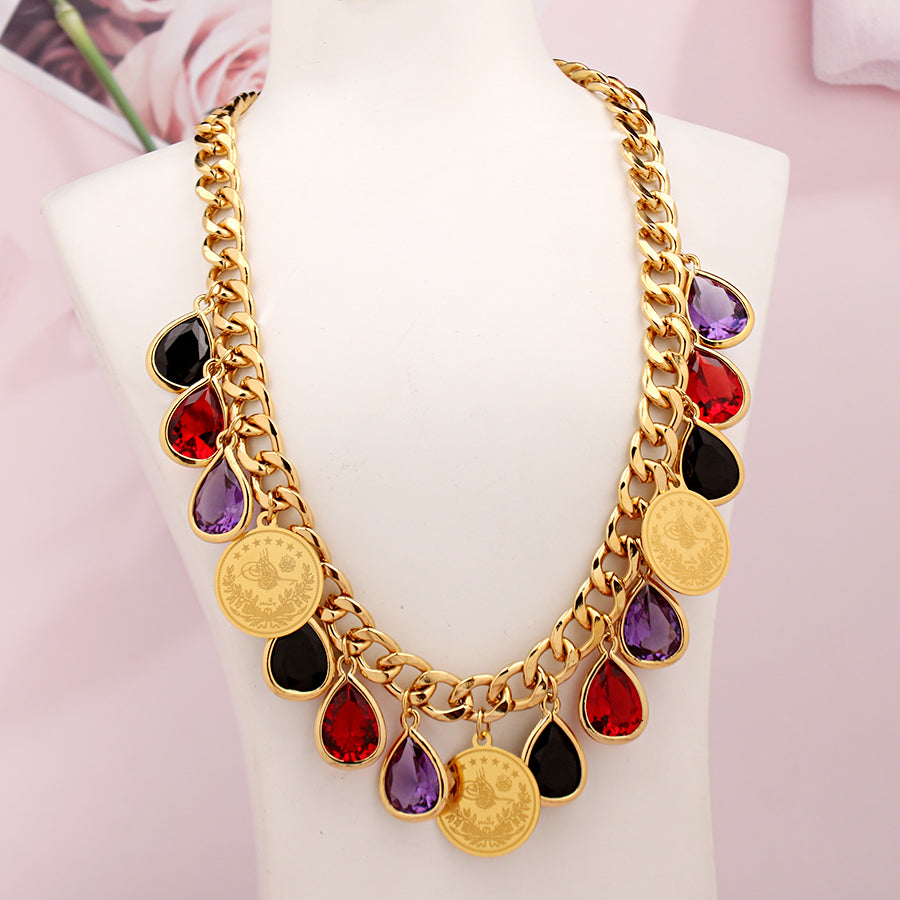 Ottoman Totem Chain Necklace Gold Plated with Water Drop Rhinestone Ethnic Bridal Jewelry Turkey Coin Wedding Accessories