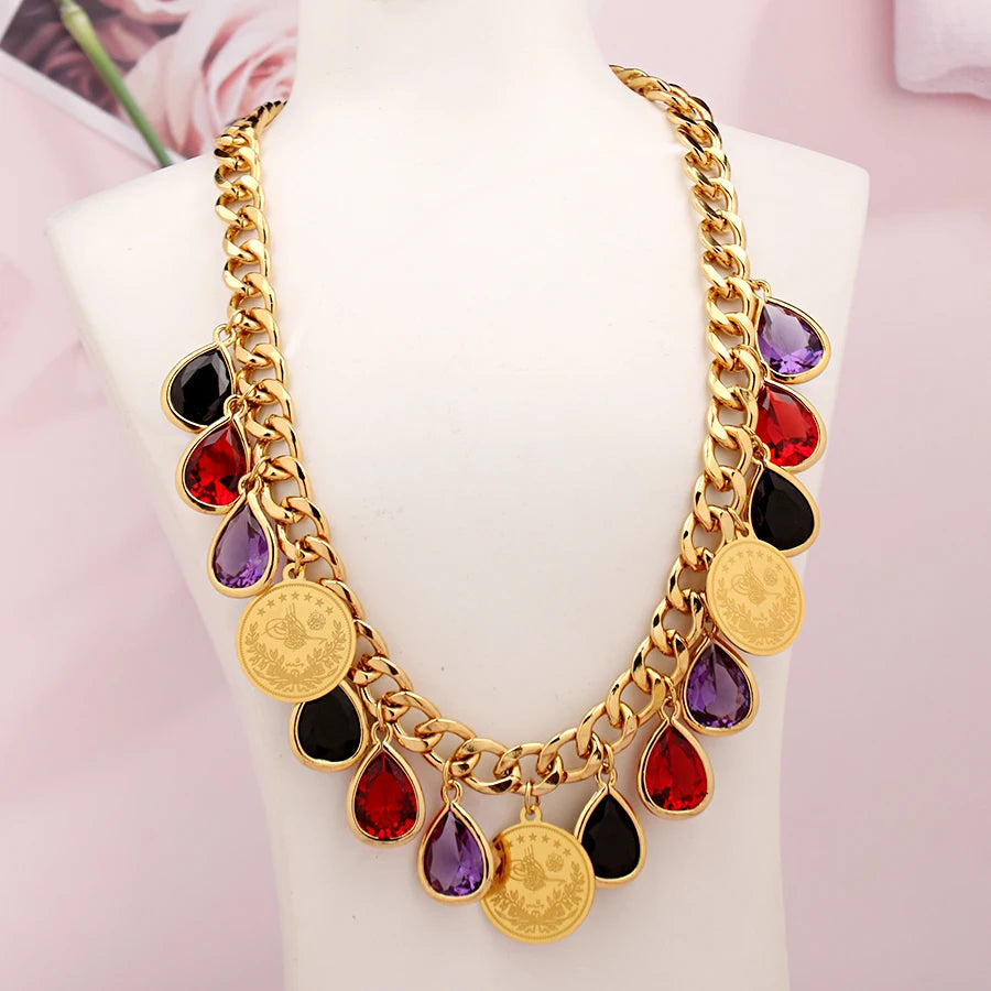 Ottoman Totem Chain Necklace Gold Plated with Water Drop Rhinestone Ethnic Bridal Jewelry Turkey Coin Wedding Accessories