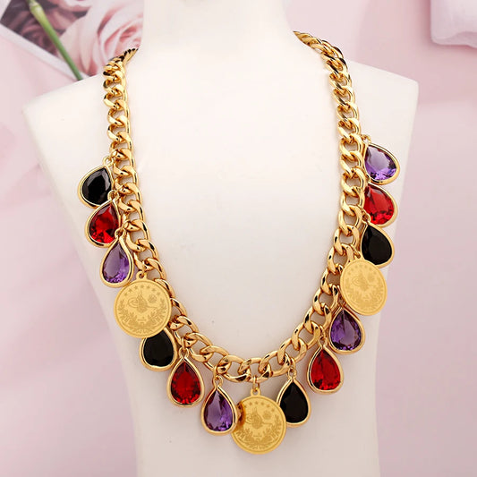 Ottoman Totem Chain Necklace Gold Plated with Water Drop Rhinestone Ethnic Bridal Jewelry Turkey Coin Wedding Accessories