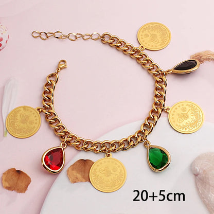 Ottoman Totem Chain Necklace Gold Plated with Water Drop Rhinestone Ethnic Bridal Jewelry Turkey Coin Wedding Accessories