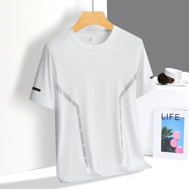 Men’s Ice Silk Running T-Shirt – Quick-Dry, Breathable Mesh, Moisture-Wicking Sports Tee with Reflective Print – Plus Size M–5XL