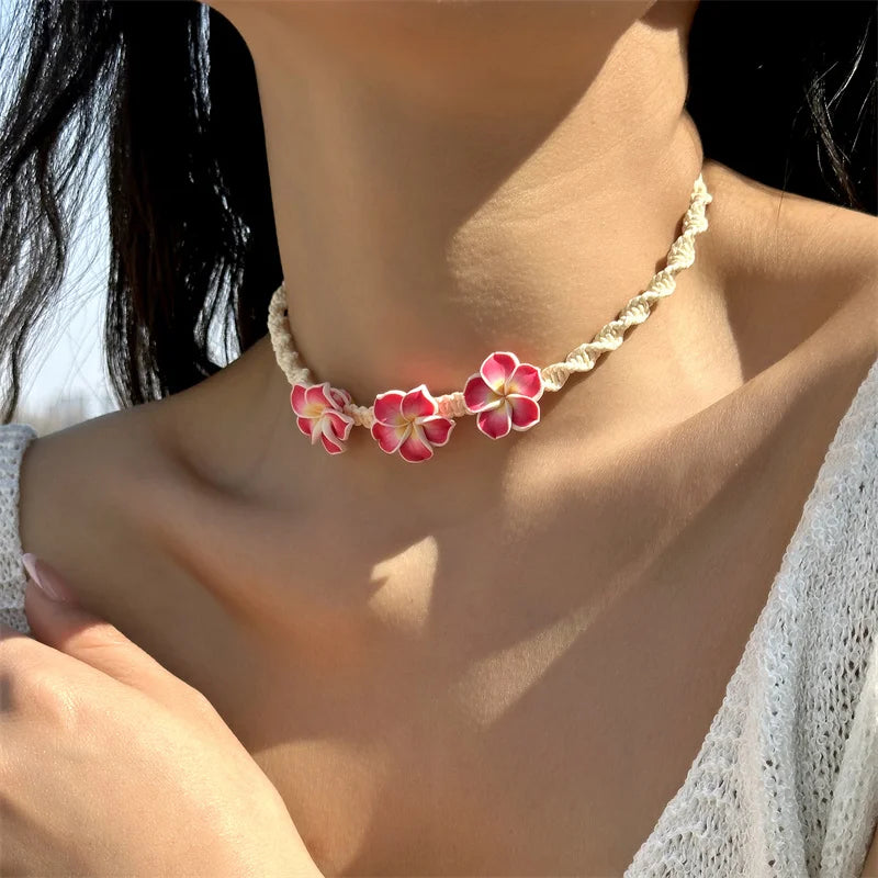 Bohemian Polymer Clay Beads Flower Necklace for Women Handmade Woven Rope Chain Necklace Summer Beach Jewelry Y2K Accessories