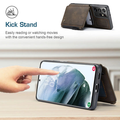 Samsung Galaxy S21 / S21+ / S21 Ultra Leather Wallet Case – Card Slots, Zipper Pocket & Kickstand