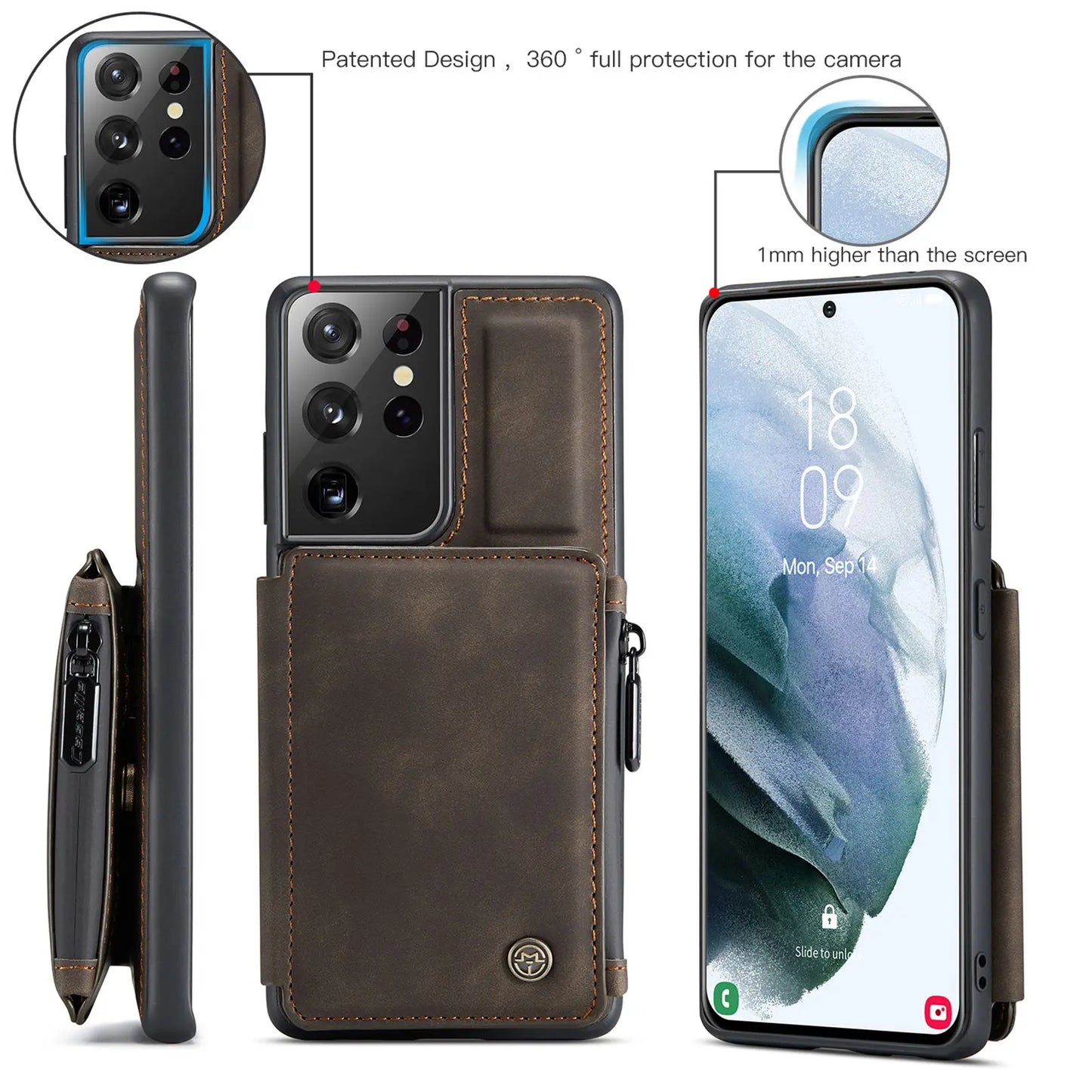 Samsung Galaxy S21 / S21+ / S21 Ultra Leather Wallet Case – Card Slots, Zipper Pocket & Kickstand