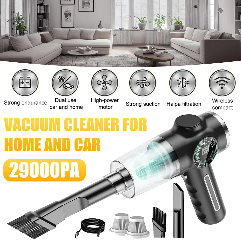 29000Pa Mini Wireless Vacuum Cleaner 120W Strong Suction Handheld Car Mounted Electric Cleaner with LCD power display & 3 filter