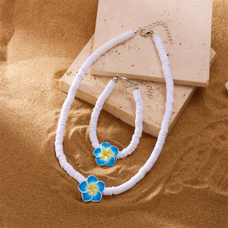 Bohemian Polymer Clay Beads Flower Necklace for Women Handmade Woven Rope Chain Necklace Summer Beach Jewelry Y2K Accessories