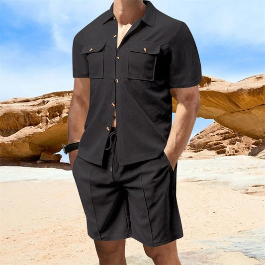 Men's 2-Piece Summer Beach Set | Short Sleeve Button-Up & Shorts