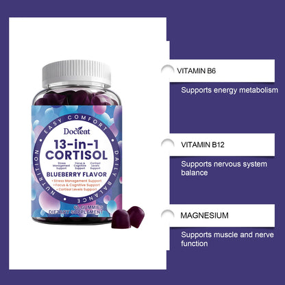 Cortisol Gummies 13-in-1 with Vitamin B6 & B12 – Stress Relief, Focus & Cortisol Detox Support – Vegan, Sugar-Free