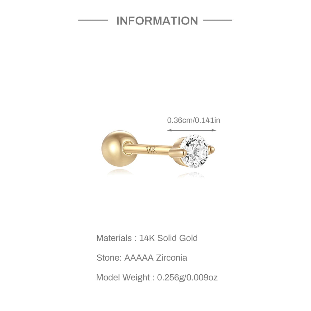 Aide Plata 100% Real 14K Solid Gold 5/6.5/8mm Length Stud Earring Simple Design Piercing Ear Bone Ear Studs DIY Vintage Jewelry