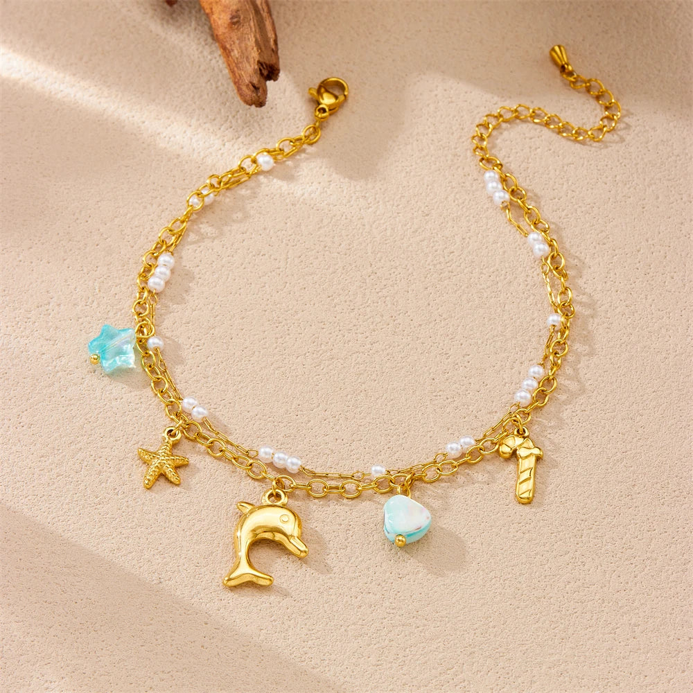 Stainless Steel Dolphin Scallop Natural Stone Anklets For Women New Sea Ocean Series Foot Chains Jewelry Gift
