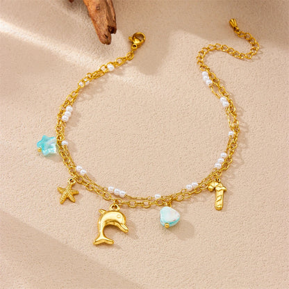 Stainless Steel Dolphin Scallop Natural Stone Anklets For Women New Sea Ocean Series Foot Chains Jewelry Gift