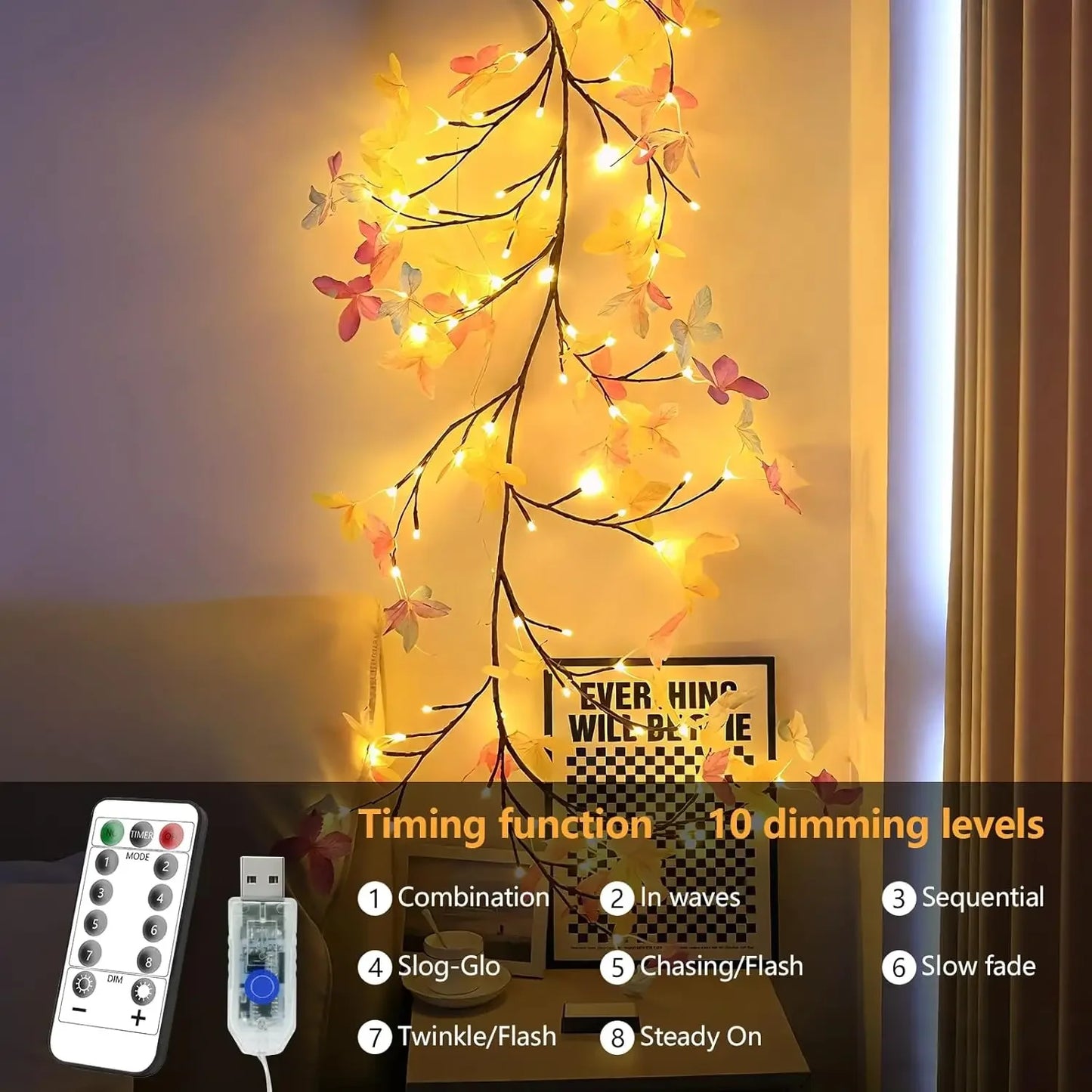 LED Willow Vine And Butterfly Fairy Lights, 8 Modes, Powered by USB for Bedroom Decoration, Mother'S Day, Valentine'S Gifts