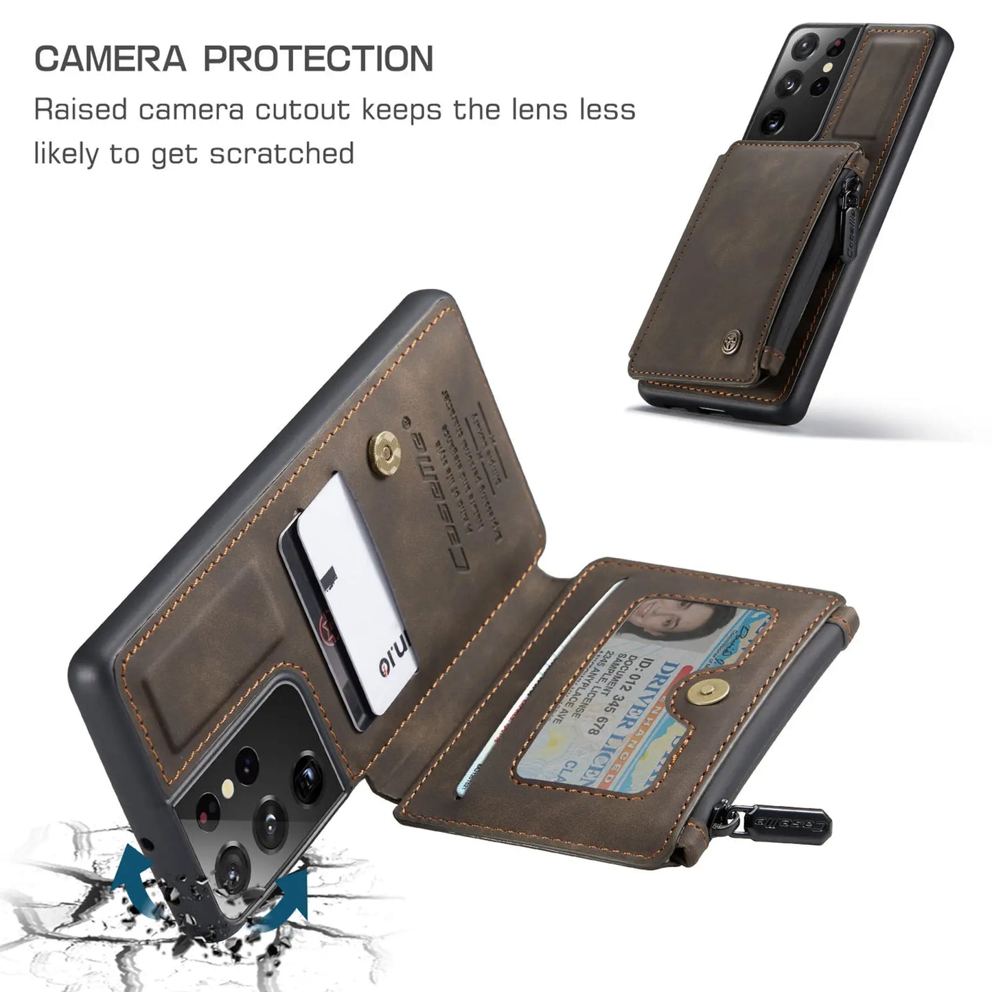 Samsung Galaxy S21 / S21+ / S21 Ultra Leather Wallet Case – Card Slots, Zipper Pocket & Kickstand