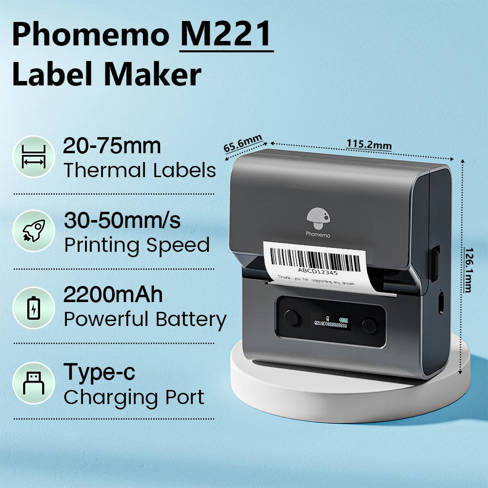 Phomemo Label and Upgrade Portable Label Maker M221 Barcode Label Printer Bluetooth Thermal Inkless Label Maker Support Phone&PC