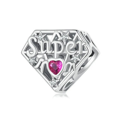 Sterling Silver Enamel Flying Dragon Star Pendant Heart Love Supermom Charm Fit DIY Bracelet Gift for Mother's Day