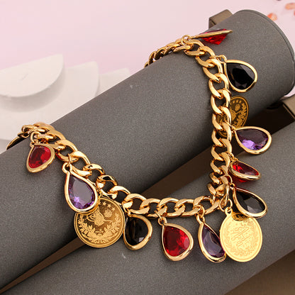Ottoman Totem Chain Necklace Gold Plated with Water Drop Rhinestone Ethnic Bridal Jewelry Turkey Coin Wedding Accessories