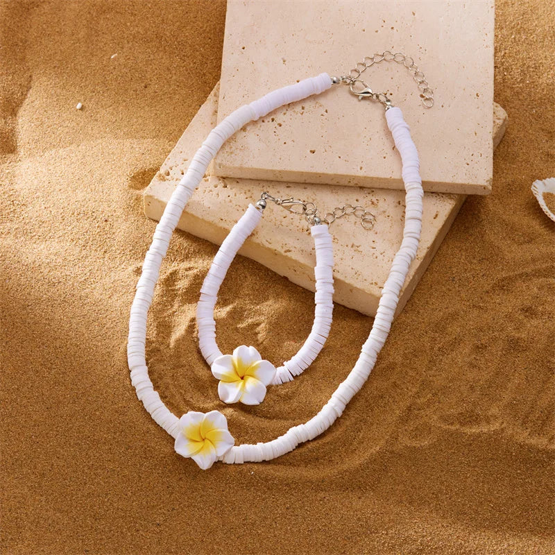 Bohemian Polymer Clay Beads Flower Necklace for Women Handmade Woven Rope Chain Necklace Summer Beach Jewelry Y2K Accessories