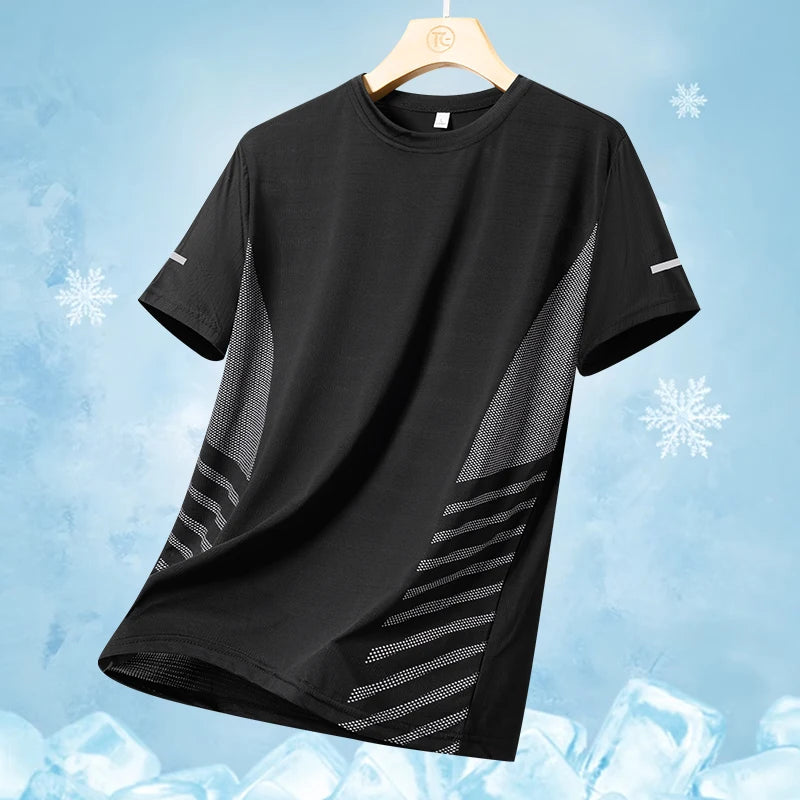 Men’s Ice Silk Running T-Shirt – Quick-Dry, Breathable Mesh, Moisture-Wicking Sports Tee with Reflective Print – Plus Size M–5XL