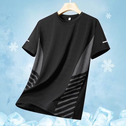 Men’s Ice Silk Running T-Shirt – Quick-Dry, Breathable Mesh, Moisture-Wicking Sports Tee with Reflective Print – Plus Size M–5XL