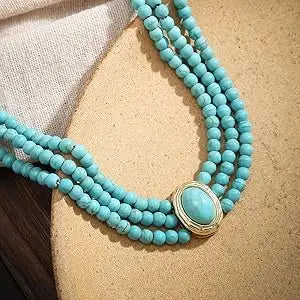 Turquoise Choker Necklace Women 3 Layers Multi Strands Necklace 20s Turquoise Bib Pendant Choker Party Jewelry Mother's Day Gift