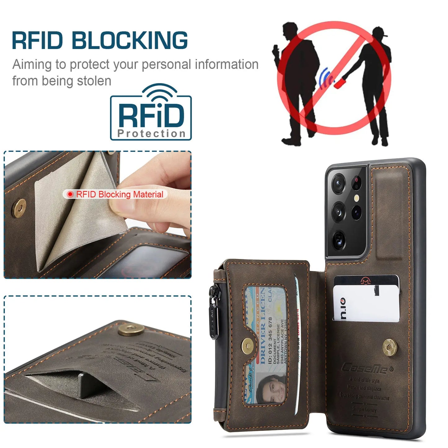 Samsung Galaxy S21 / S21+ / S21 Ultra Leather Wallet Case – Card Slots, Zipper Pocket & Kickstand