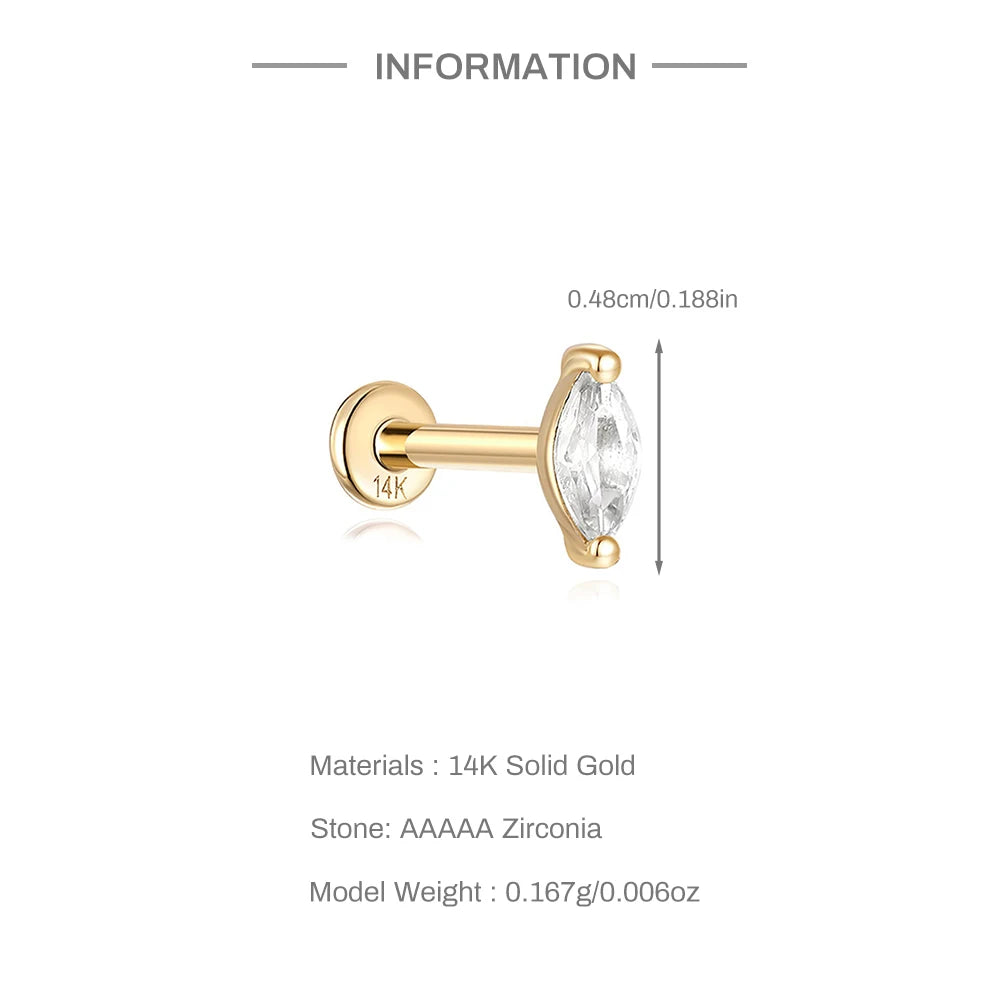 Aide Plata 100% Real 14K Solid Gold 5/6.5/8mm Length Stud Earring Simple Design Piercing Ear Bone Ear Studs DIY Vintage Jewelry