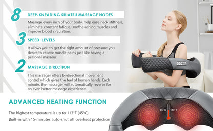 Shiatsu Neck and Shoulder Massager Heated Back Massager U Shape Deep Kneading Electric Massage Pillow For Neck Waist Leg Body