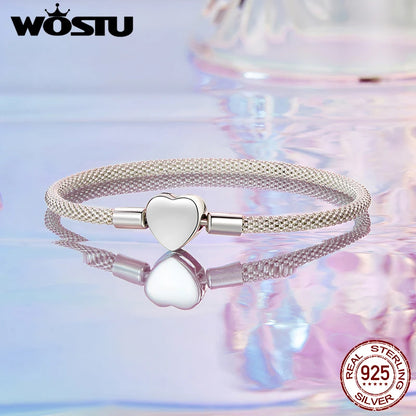 WOSTU 925 Sterling Silver Vintage Rose Flower Love Heart Bangle Bracelet Fit DIY Bracelets Women Valentine Mother's Day Gift