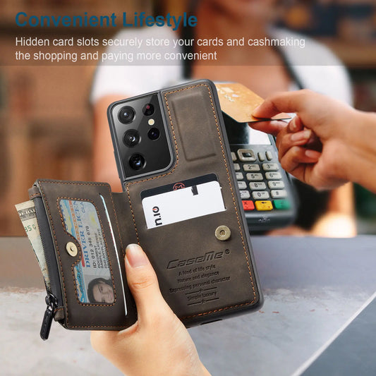 Samsung Galaxy S21 / S21+ / S21 Ultra Leather Wallet Case – Card Slots, Zipper Pocket & Kickstand