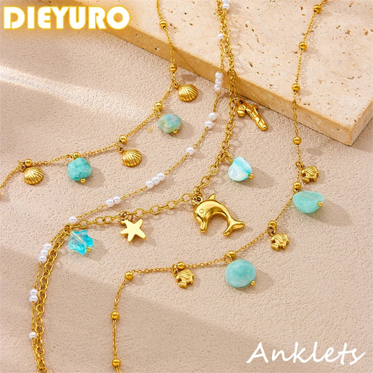 Stainless Steel Dolphin Scallop Natural Stone Anklets For Women New Sea Ocean Series Foot Chains Jewelry Gift