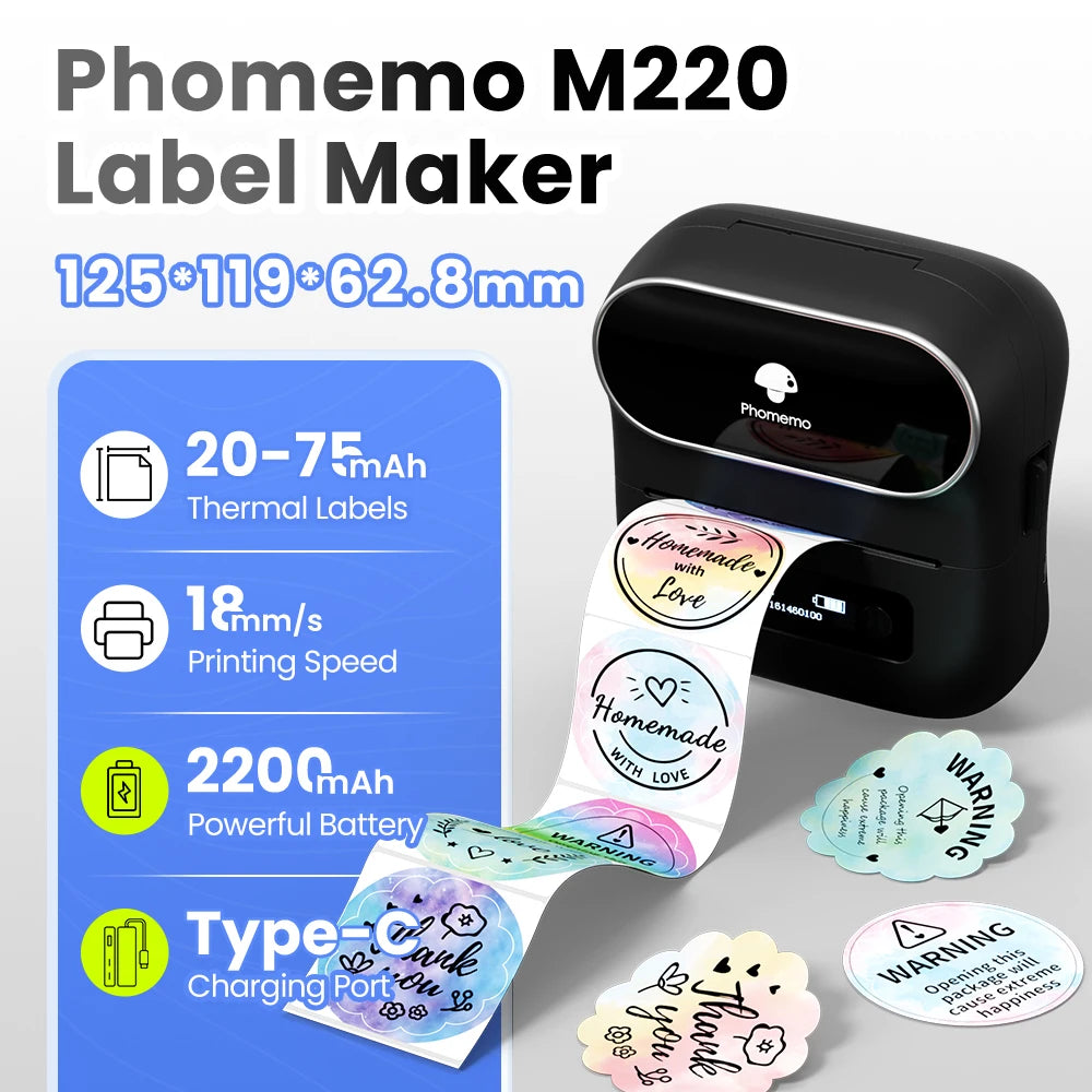 Phomemo Label Printer M220 Label Maker Mini Barcode Label Printer Wireless Portable Sticker Label Maker Machine for Address