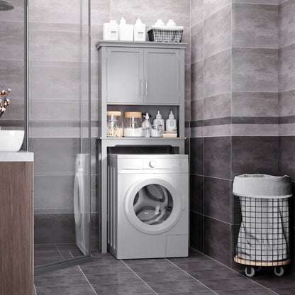 Kleankin Modern over the Toilet Storage Cabinet, Double Door Bathroom Organizer with Inner Adustable Shelf and Open Shelf, Grey